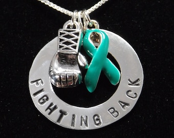 Fighting Back Against Ovarian Cancer Necklace, Teal Awareness Ribbon Jewelry, Ovarian Cancer Awareness Ribbon, PCOS Awareness Necklace