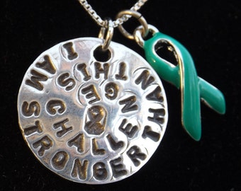 Stronger Than This Challenge Necklace, Ovarian Cancer Awareness Necklace, Teal Ribbon Jewelry, Cancer Warrior  Jewelry, PCOS Awareness