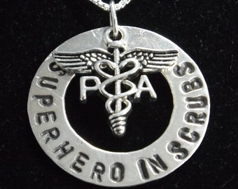 PA Superhero in Scrubs Necklace, PA Jewelry, Physician Assistant Graduation Gift, PA Student Necklace