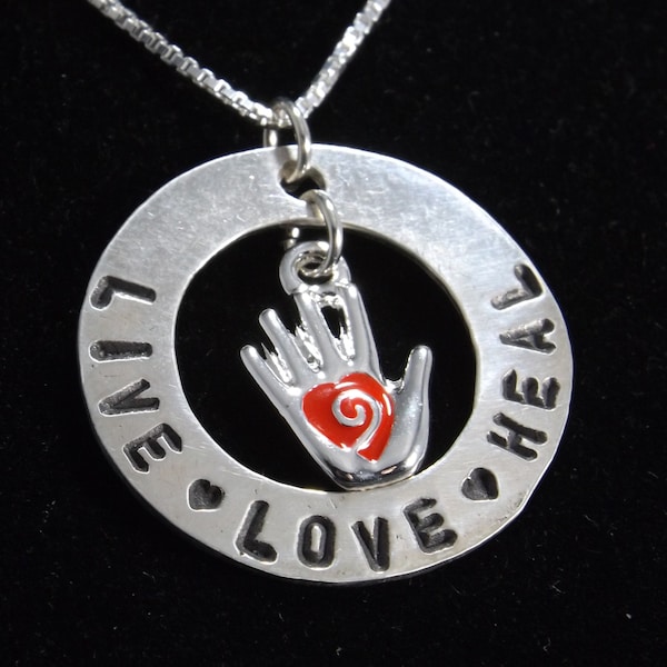 Live Love Heal Necklace, Nurse Necklace, Healing Hand Necklace, Physical Therapist Necklace, Massage Therapist Gift, Heart in Hand Charm