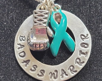 Badass Warrior Ovarian Cancer Necklace, Teal Awareness Ribbon Jewelry, Ovarian Cancer Awareness Ribbon, PCOS Awareness Necklace