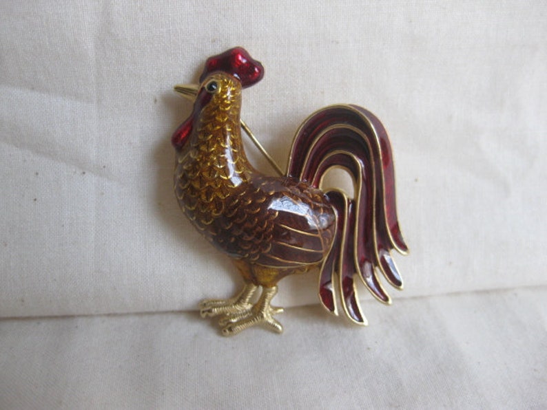 Vintage Gold Tone Enamel Rooster Brooch or Pin
