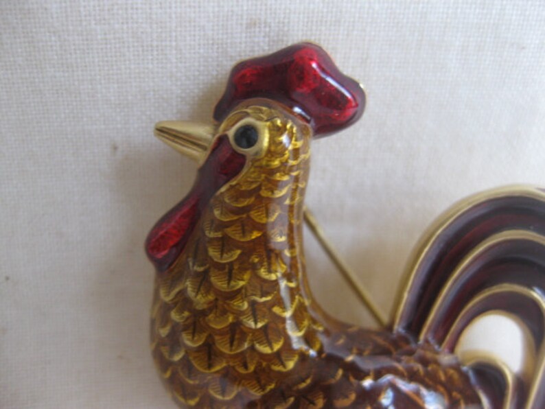 Vintage Gold Tone Enamel Rooster Brooch or Pin