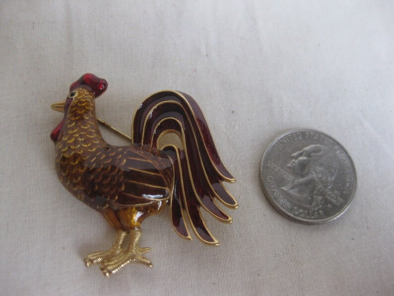 Vintage Gold Tone Enamel Rooster Brooch or Pin