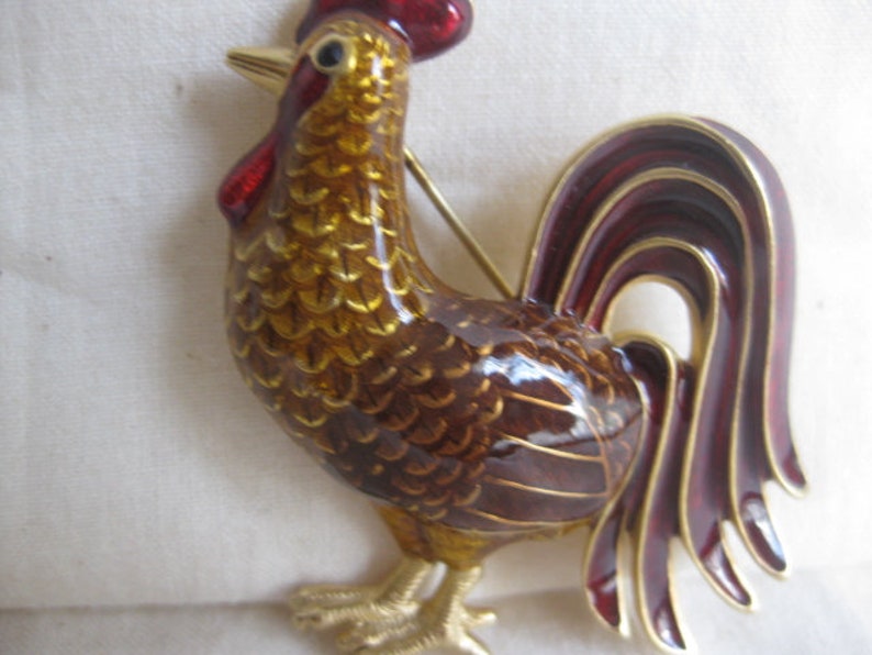 Vintage Gold Tone Enamel Rooster Brooch or Pin