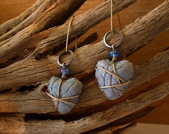 Faded Denim Blue Paper Heart Earrings Wrapped with Silver Wire and Blue Bead Accent