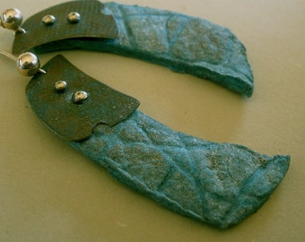 Hand Cast Turquoise Paper Earrings, Copper Metal, Brass Rivets, Gold Filled Posts, Bronze and Silver Metallic Powder