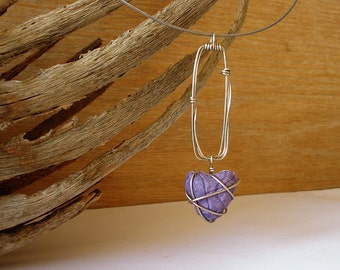 Purple Paper Heart Pendant with Silver Wire Accent