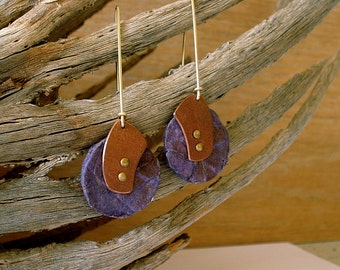 Round Purple Paper Earrings with Copper Metal Accents and Gold-filled Wires