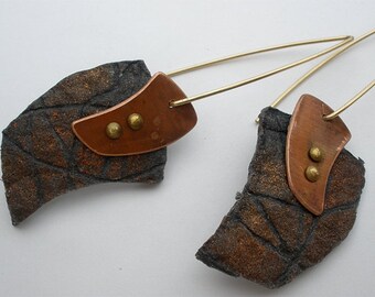 Hand Cast Black Paper Earrings with Copper Accents and Gold Filled Wire Hooks