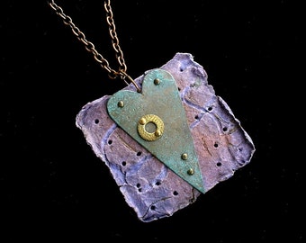 Square Purple Paper Necklace with Copper Patina Heart