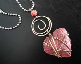 Rose Pink Paper Heart Necklace with Silver Wire and Pink Bead Accents