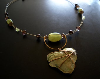 Spring Green Paper Heart Pendant with Bronze Accent and Floating Bead Wire Choker