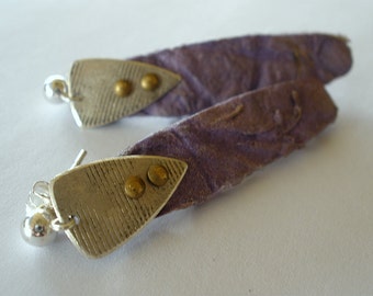Purple Paper Earrings with Silver Accents and Silver Ball Ear Posts