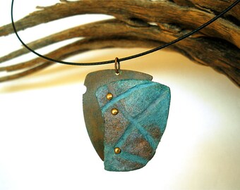 Hand Cast Turquoise Paper Pendant Necklace with Textured Patina Copper Accent