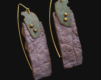 Hand Cast Purple Paper Earrings with Copper Patina Accents