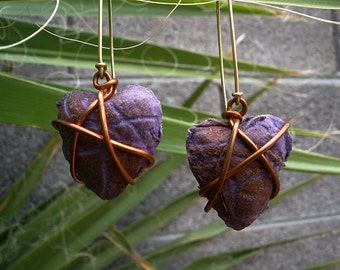 Hand Cast Purple Paper Heart Earrings wrapped with Copper Wire