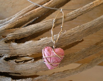Pink Paper Heart Pendant with Silver Wire Accents