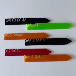 May include: Set of five garden plant markers with black lettering. The markers are made of different coloured acrylic: black, green, orange, red, and orange. The words on the markers are "Potatoes", "Kale", "Carrots", "Cabbage", and "Pumpkins".