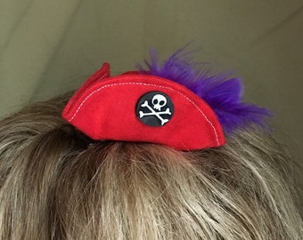Mini pirate hat - red with purple feathers or special order with white feathers - buccaneer fascinator - three corner mini hat