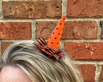 Mini witch hat - Orange with black polka dots - Halloween party hat