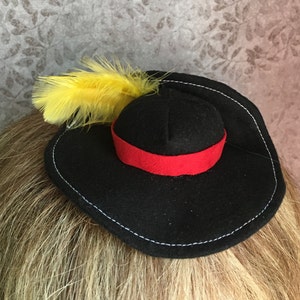 Mini Cavalier hat - black Puss in Boots fascinator with yellow feathers - swashbuckler mini hat