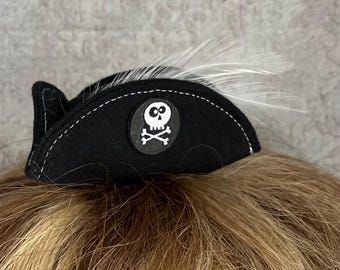 Mini Pirate Hat Fascinator: Black Cotton Buccaneer Hat with Feather