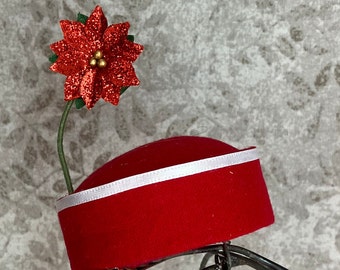 Mini pillbox fascinator - red hat with red poinsettia flower - Holiday Minnie hat