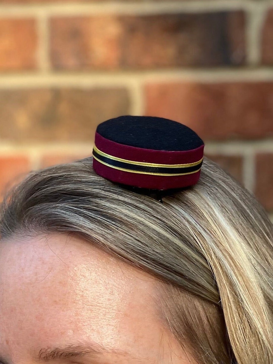 Bellhop Mini Pillbox Hat Burgundy and Black Fascinator Elevator