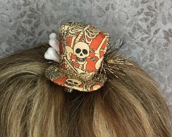 Mini Halloween Top Hat - Skeleton print fabric - faux bones