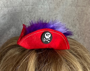Red Pirate Mini Hat with Purple Feathers: Buccaneer Fascinator