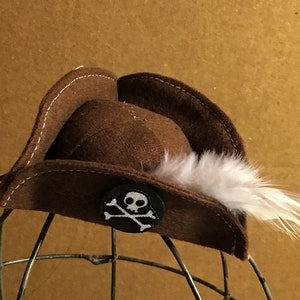May include: A brown felt pirate hat with a white feather and a black skull and crossbones patch.