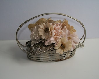 Vintage Metal Wire Flower Basket Beaded Flowers Velvet Flowers