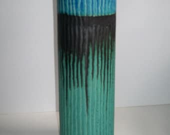 Ribbed Ceramic Asian Vase Turquoise Blue Black Green