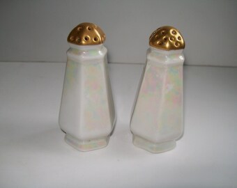 vintage white luster salt pepper shakers with gold tops