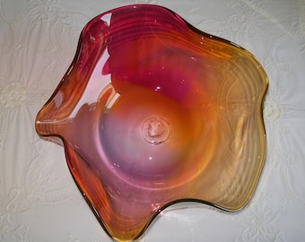 Hand Blown Art Glass Bowl Hot Pink Orange Yellow White Stripes Signed