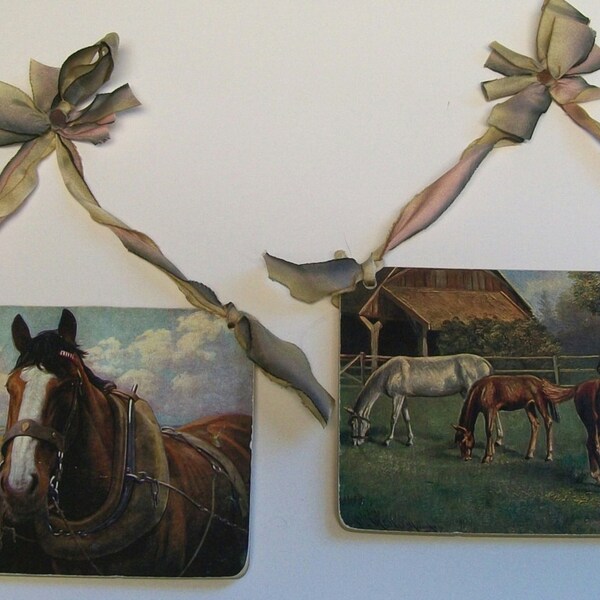Western Horse Painting Prints on Wood Plaques with Shabby Ribbon Hangers