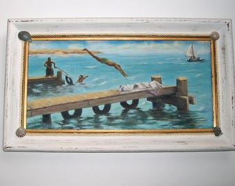 Nautical Painting of Swimmers Pier Sailboat Dock Original Framed Painting