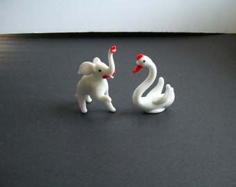 Miniature Blown Glass Elephant and Swan