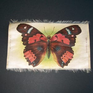 Puede incluir: Una tarjeta rectangular de tela con una ilustración detallada de una mariposa con alas de color marrón oscuro, rojo y tonos azules. El texto TOKIO CIGARETTES está impreso en el lado derecho y los bordes de la tela están deshilachados.
