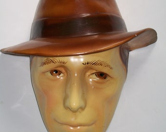 Humphrey Bogart Face Wall Hanging Sculpture Head in Fedora Clay Art