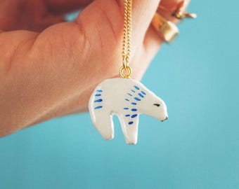 Handmade polar bear charm pendant necklace on 18K gold chain