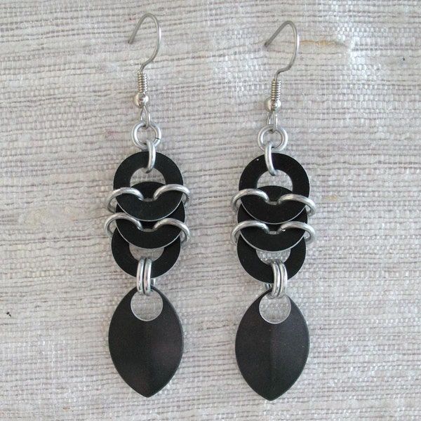 Black Chainmaille Stacked Coin and Leaf Earrings