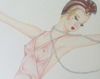 Hand Finished Matte Print Art Deco Pinup illustration "Satin & Pearls". Hand finished Art Print.
