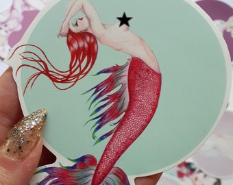 Rainbow Mermaid fantasy pinup art vinyl sticker. NSFW