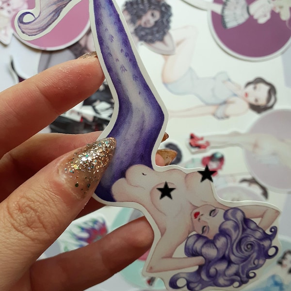 Purple Pinup Mermaid sticker. NSFW