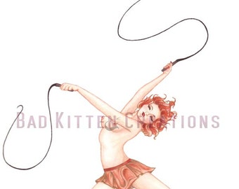 Hand Finished Matte Print Vintage Deco Style Burlesque Circus Pinup Art "Flaming Whips".