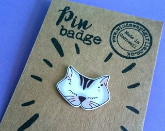 Cute cat pin badge, grey taby cat.