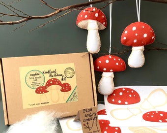 DIY Craft Kit - Sew your own Woodland Mushroom decorations, plushie sewing kit, ornaments Christmas Autumn decor