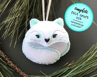 DIY Craft Kit - Sew your own felt Artic fox decoration, plushie sewing kit, Christmas ornament.